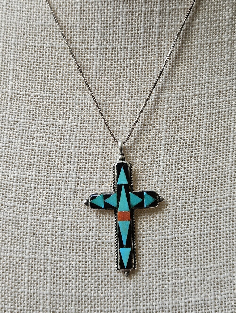 Vintage Zuni Turquoise, Onyx Inlay Cross  Necklace